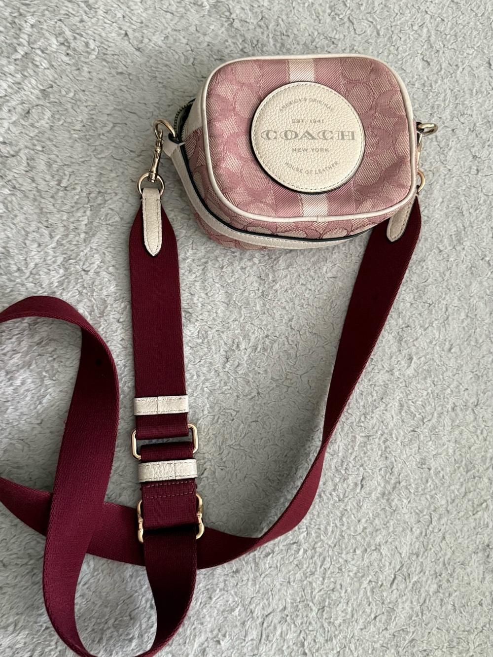 Coach Pink Signature Canvas Crossbody with Burgundy Strap - Picture 8 of 10